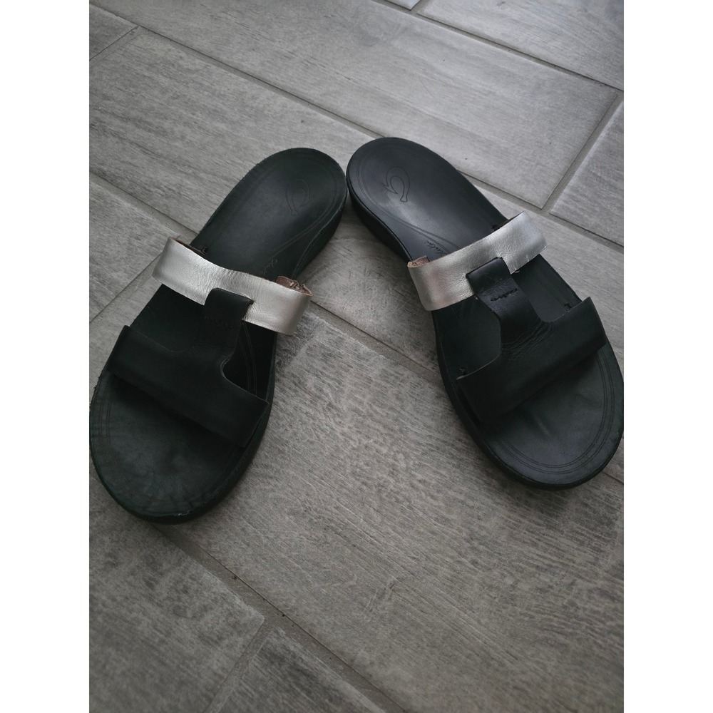 OluKai Kakae Lile Black Silver Leather Slide Sandals Womens 9